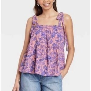 Universal Thread Pink Purple Floral Tiered Babydoll Tie Strap Tank Top XXL